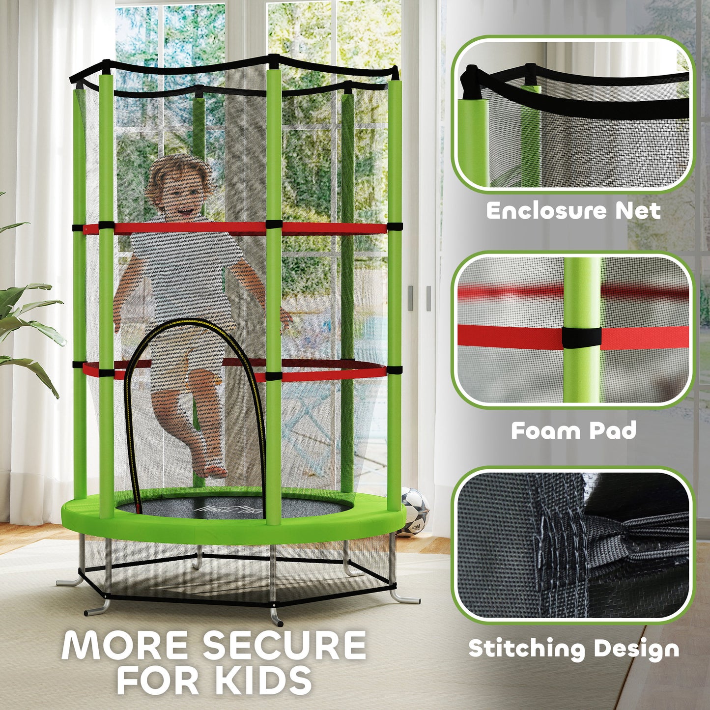 Kids Trampoline, with Enclosure Net, Steel Frame, for Ages 3-6 Years - Green / Blue