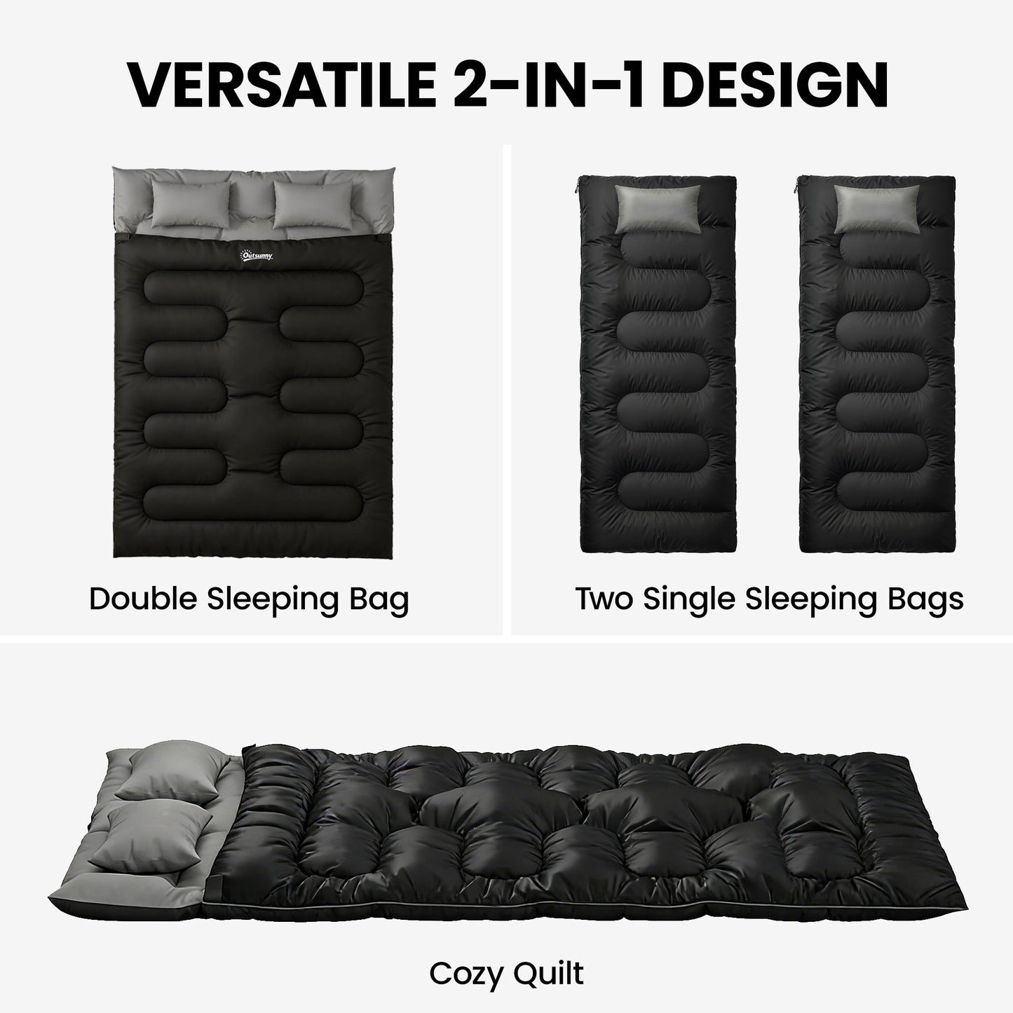 Outsunny Double Sleeping Bag with 2 Pillows, 220 x 160 cm Extra-Large Sleeping Bag for Adults