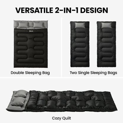 Outsunny Double Sleeping Bag with 2 Pillows, 220 x 160 cm Extra-Large Sleeping Bag for Adults