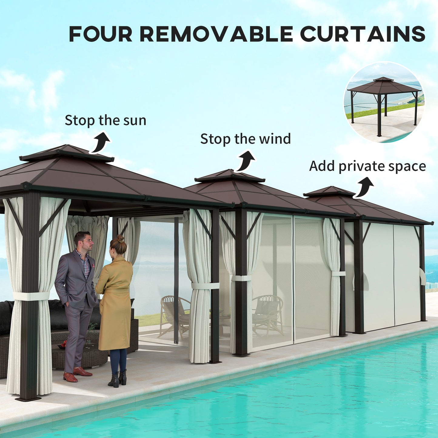 Outsunny 3 x 3(m) Hardtop Gazebo with Double Polycarbonate Roof, Garden Gazebo Permanent Pavilion with Mosquito Netting and Curtains for Patio, Deck, Beige