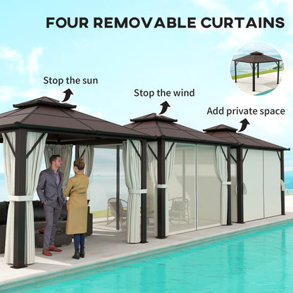 Outsunny 3 x 3(m) Hardtop Gazebo with Double Polycarbonate Roof, Garden Gazebo Permanent Pavilion with Mosquito Netting and Curtains for Patio, Deck, Beige