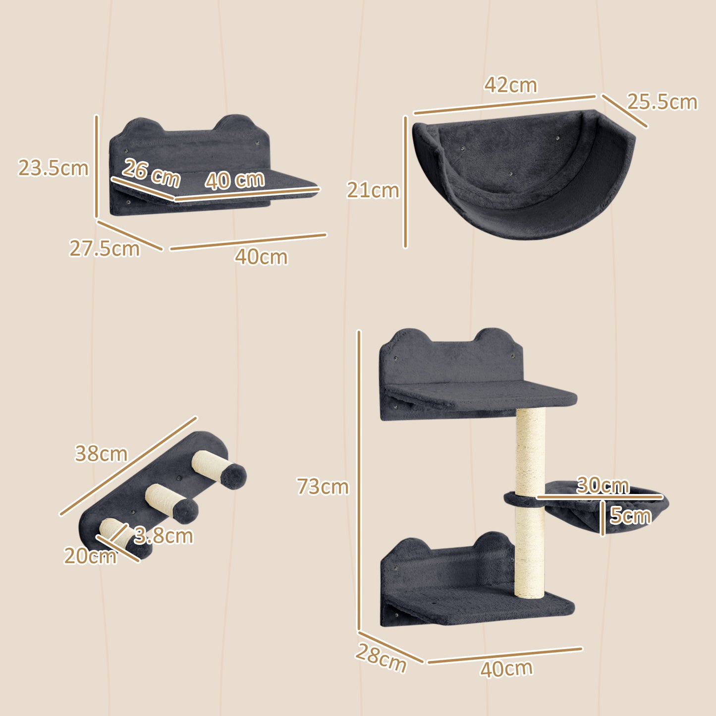 PawHut 4 Piece Wall-Mounted Cat Shelves w/ Scratching Post, Hammock, Nest - Dark Grey