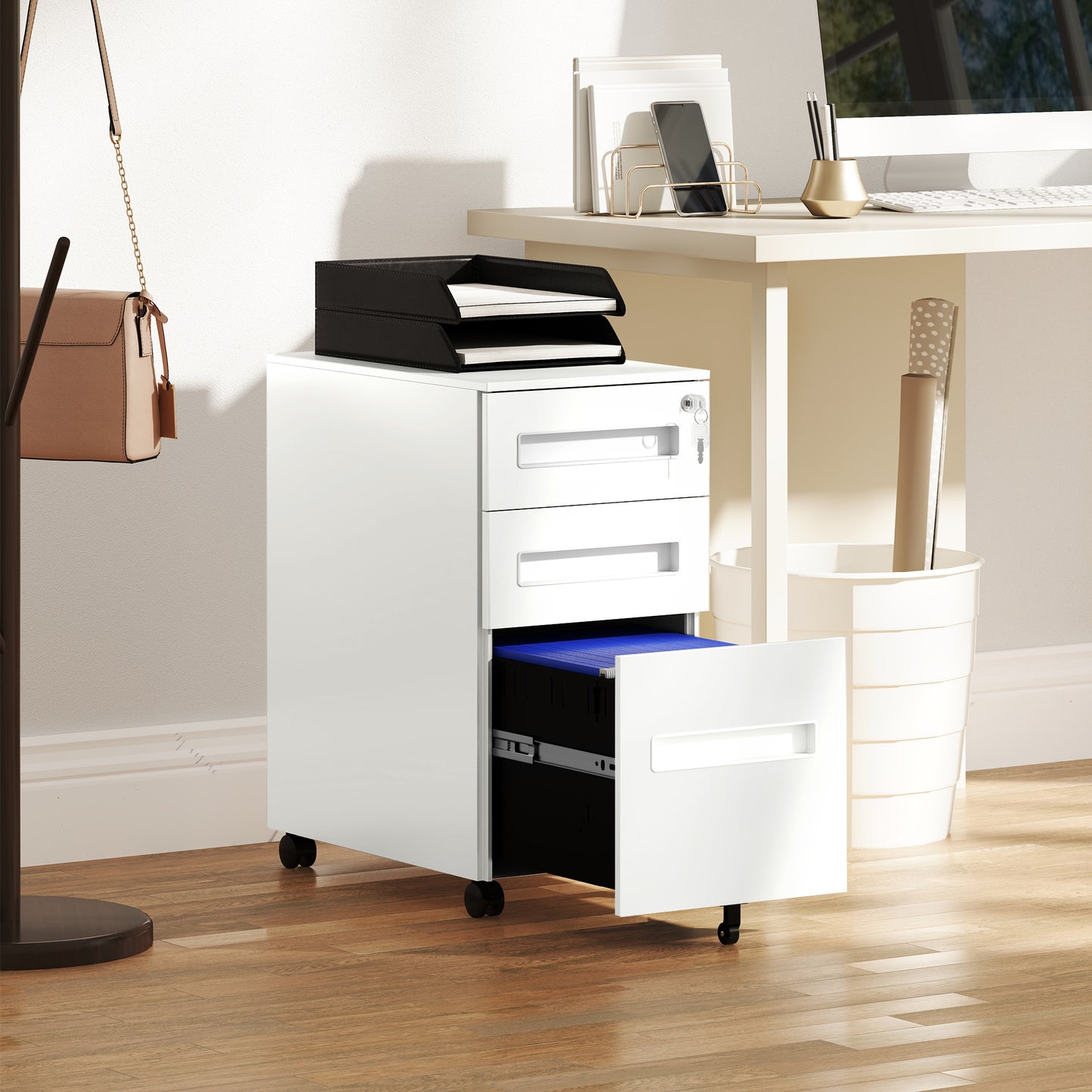 3 Drawer Slim Mobile Steel Filing Cabinet | Under Desk | 30x43.5x60cm | Lockable | A4 Legal Letter | 3 Compartment Pencil Tray | 4 Wheels | Pre-Assembled | 30kg | White