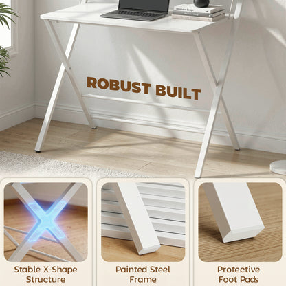 Folding Desk with Upper Shelf | X-Frame | Melamine Coated | 86x66x82cm | 20kg | Curved Corners | Easy Assembly | White
