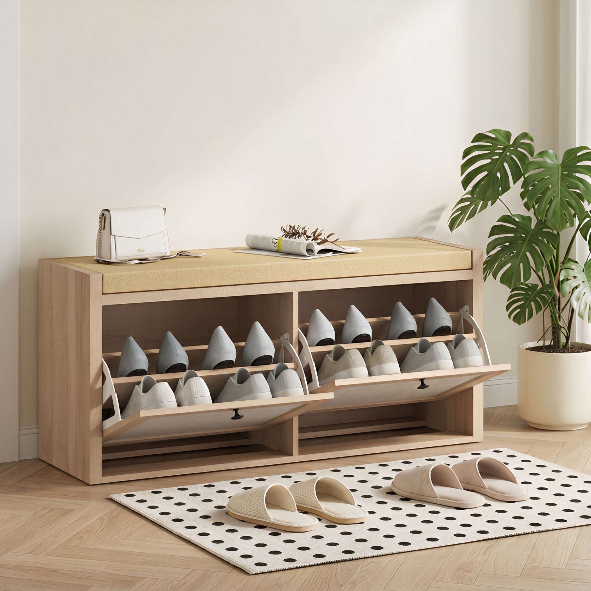 Hallway Shoe Bench | PE Rattan Doors | 4.5cm Foam Padded Seat for 2 | 2 Flip-Down Cabinets | Magnetic Catches | BS5852 Compliant | 180kg Capacity | 105x35x50cm | Oak Wood Effect