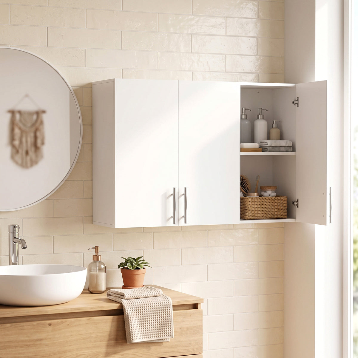 Wall-Mounted Cabinet | White MDF | 90x31x60cm | 3 Doors | Large & Small Cabinet | Adjustable Shelf 6.4cm Steps | Soft-Close Hinges | 20kg | Bathroom Kitchen Living Room