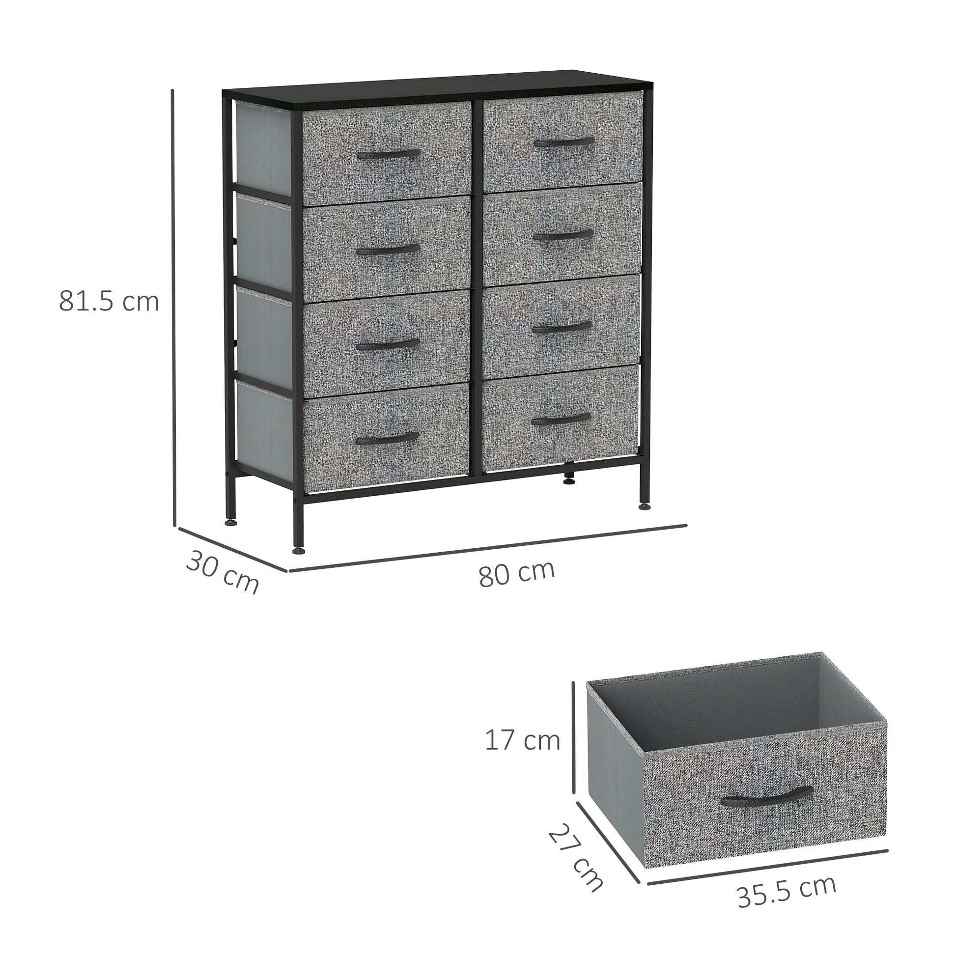 Fabric Chest of Drawers, Storage Bedroom Dresser with 8 Fabric Drawers, Steel Frame and Wooden Top for Nursery, Living Room, Hallway, Black
