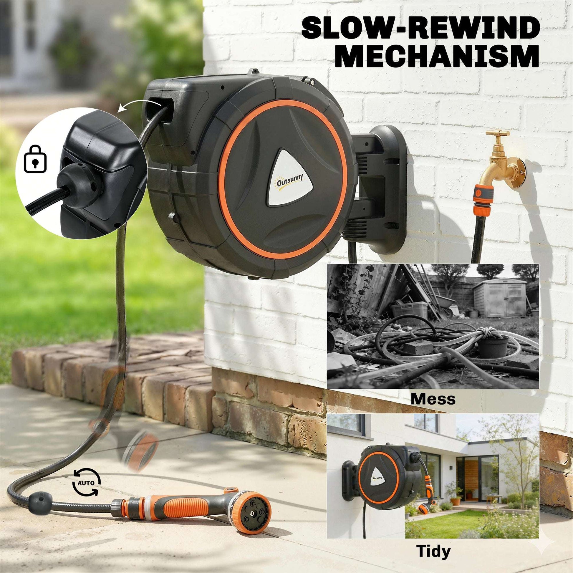 23+2m Retractable Garden Hose Reel | Auto-Retract & Self-Locking Slow Rewind | Wall-Mount or Portable | 2 Nozzles 12 Spray Modes | 120 PSI | UV & Corrosion-Resistant PP | 55x31x50cm | Orange