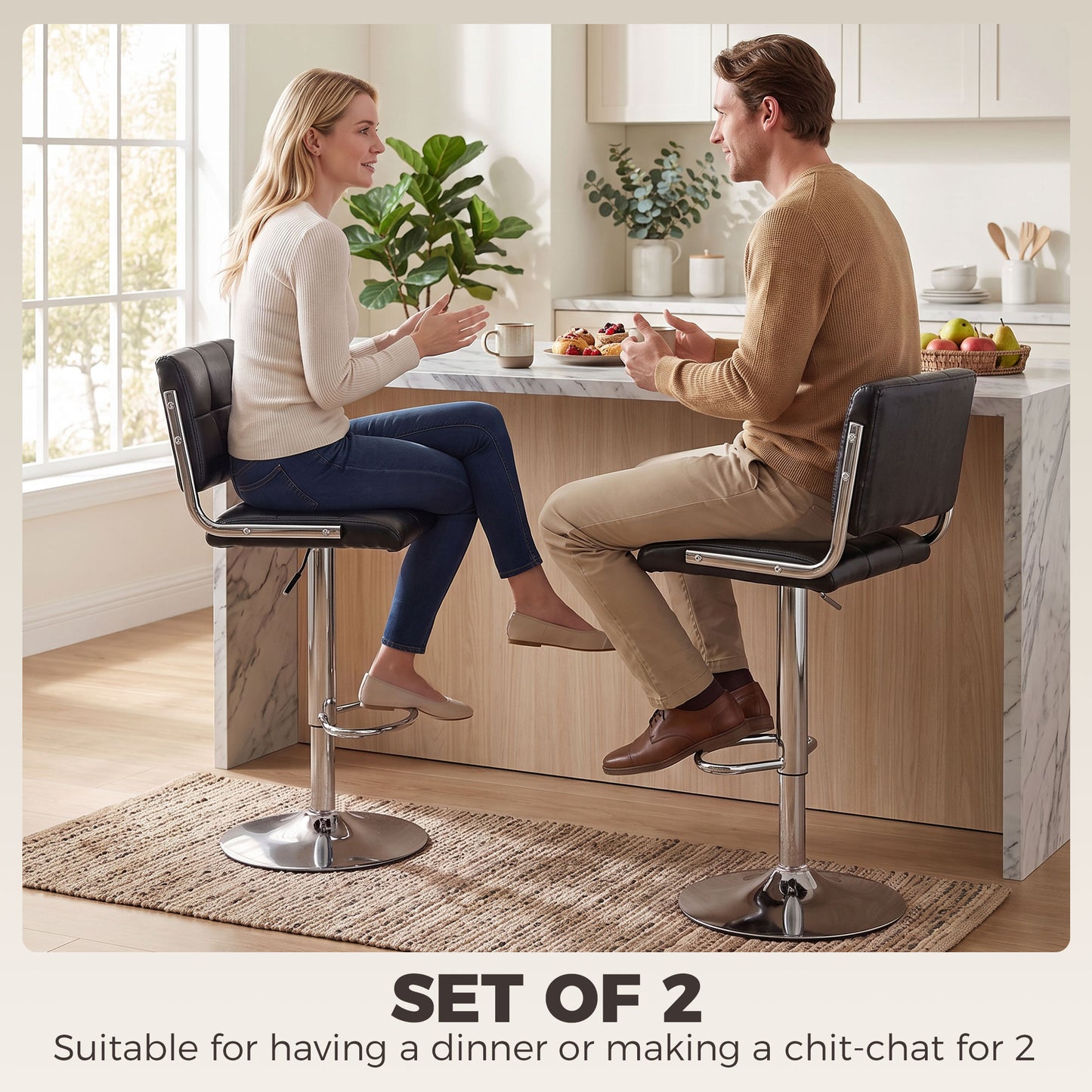 PU Leather Adjustable Bar Stools | Set of 2 | Square Tufted Backrest | Footrest | 62–83cm Height | Kitchen Island | Black