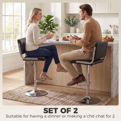 PU Leather Adjustable Bar Stools | Set of 2 | Square Tufted Backrest | Footrest | 62–83cm Height | Kitchen Island | Black