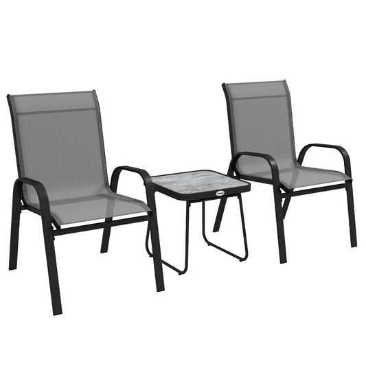 Outsunny 3 Piece Outdoor Bistro Set, Patio Stackable Armchairs with Breathable Mesh Fabric and SPC Board Coffee Table, Light Grey