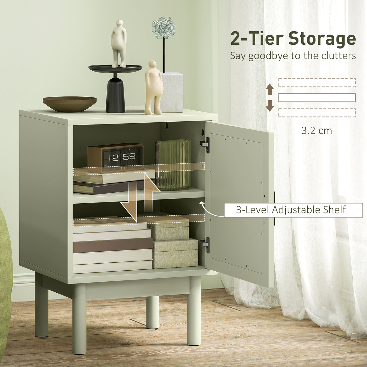 Set of 2 Rattan Bedside Tables | Light Green MDF & Rattan | 40x35x58cm Each | Arched Door | 3-Level Adjustable Shelf | Solid Wood Legs | Non-Slip Pads | 40kg | Bedroom Side Table
