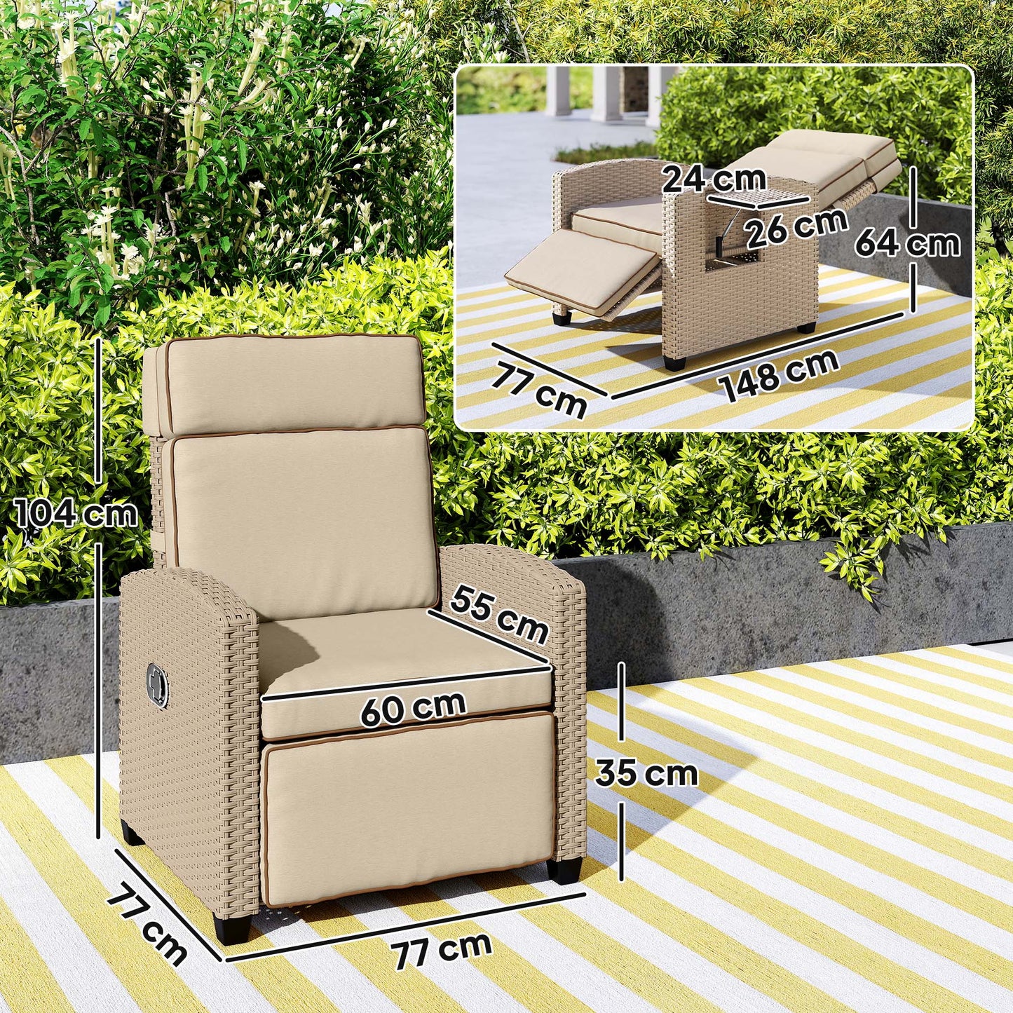 Rattan Garden Recliner Chair, Adjustable Backrest Reclining with Flip Table, Cushion and Footrest, Indoor Outdoor Lounge Reclining Sun Lounger for Patio