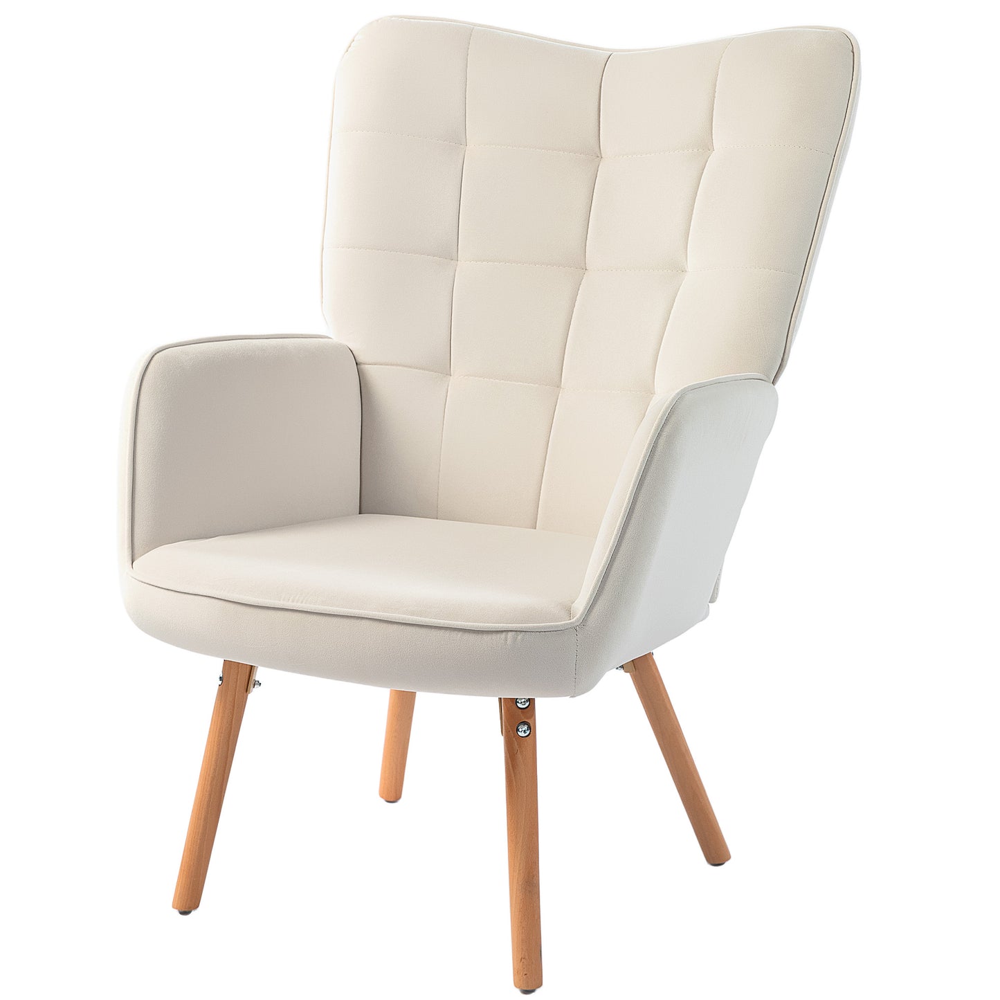 Modern Accent Chair Velvet-Touch Tufted Wingback Armchair Upholstered Leisure Lounge Sofa Club Chair with Wood Legs, Cream White