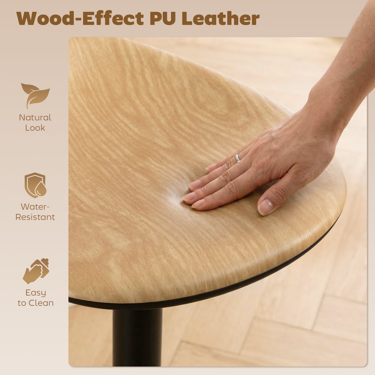 Set of 2 Barstools PU Leather Kitchen Stools with Saddle Seat Height Adjustable Swivel Kitchen Chairs with Footrest Oak