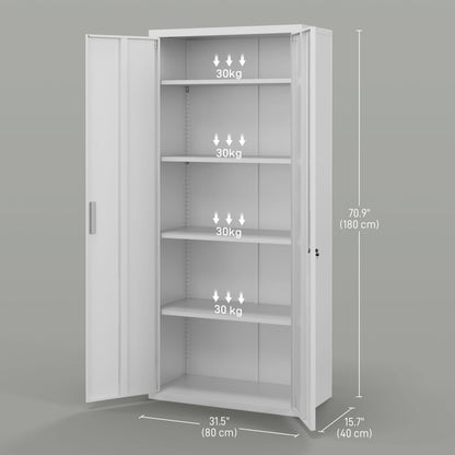 Five Shelf Lockable Steel Office Storage Cupboard Cabinet Organiser - White