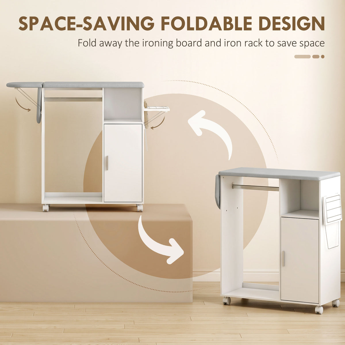 Rolling Ironing Board Cabinet | Folding Top, Clothes Rail & Adjustable Storage Shelf | Iron Holder, 4 Wheels & 2 Brakes | White/Grey