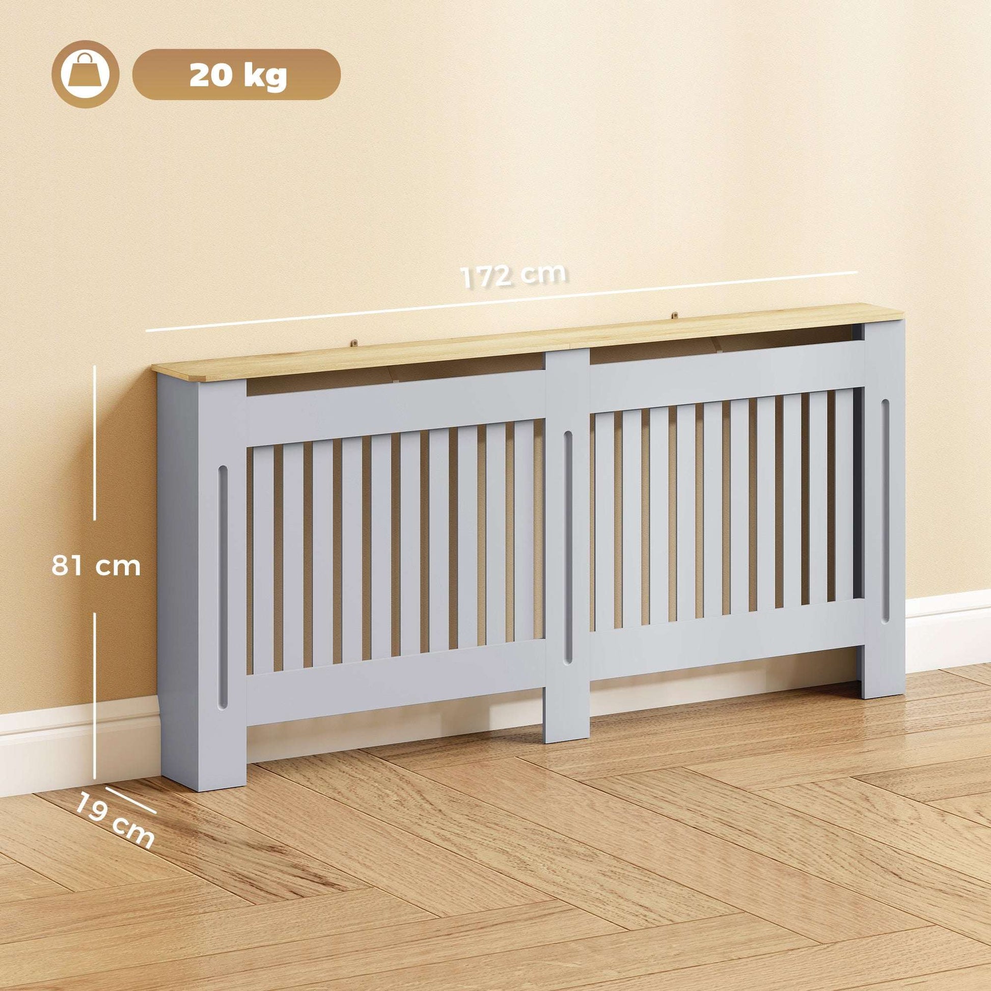 MDF Radiator Cover | Slatted Line Grill Design | Display Top | Wall Mountable | Fittings Included | 13kg | 172x19x81cm | Grey