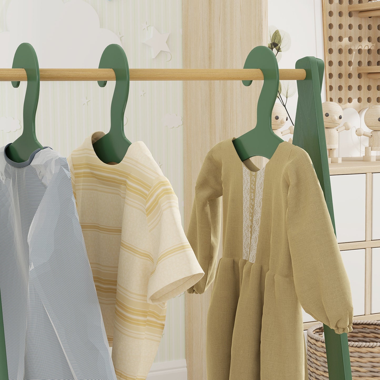 AIYAPLAY Kids Clothes Rail with 3Hangers, Bottom Storage Shelf for Girls, Boys, Nursery, Bedroom, Green
