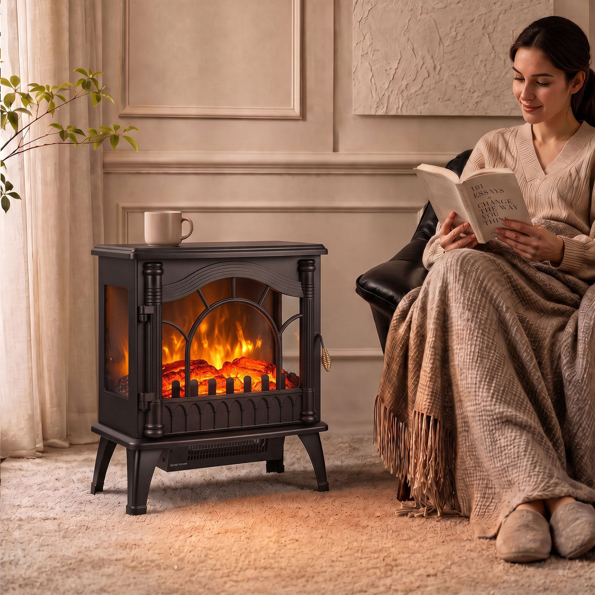 3-Sided Glass Electric Stove Fire | 1000W/2000W Fan Heater, Adjustable Flame Brightness & Thermostat | Freestanding Black | 55 × 31 × 58cm | C Rated