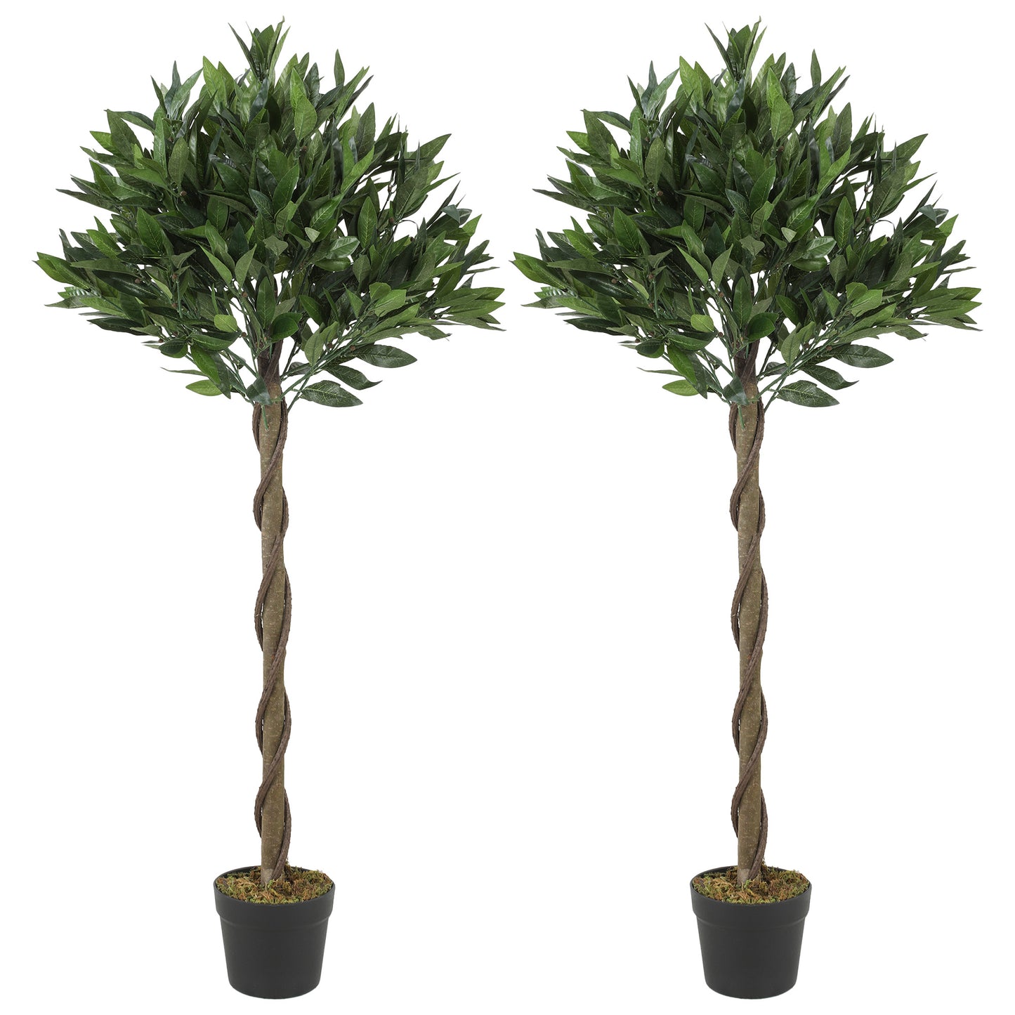 Set of 2 Artificial Bay Laurel Topiary Trees | 741 PE Leaves | Twisted Trunk | Bendable Branches | UV-Resistant | Weighted Cement Pots | Indoor & Outdoor | 16 x 120cm | Green