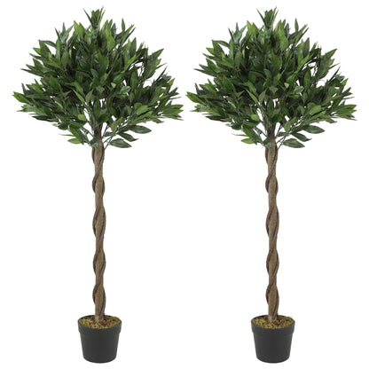 Set of 2 Artificial Bay Laurel Topiary Trees | 741 PE Leaves | Twisted Trunk | Bendable Branches | UV-Resistant | Weighted Cement Pots | Indoor & Outdoor | 16 x 120cm | Green