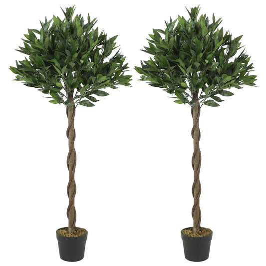 Set of 2 Artificial Bay Laurel Topiary Trees | 741 PE Leaves | Twisted Trunk | Bendable Branches | UV-Resistant | Weighted Cement Pots | Indoor & Outdoor | 16 x 120cm | Green