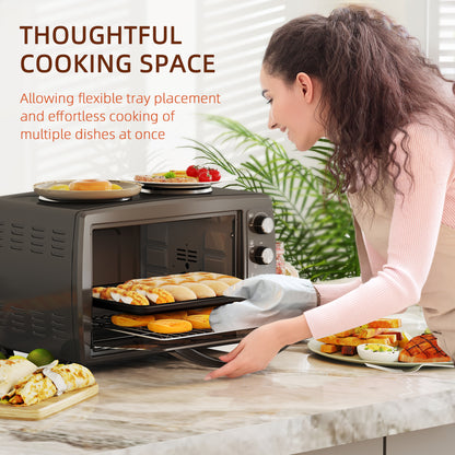 36L Small Oven with 2 Hot Plates, Countertop Toaster Oven, Grill, Roast, Bake, Boil, W/ Timer, Adjustable Temperature, Electric Oven W/ Grill Rack