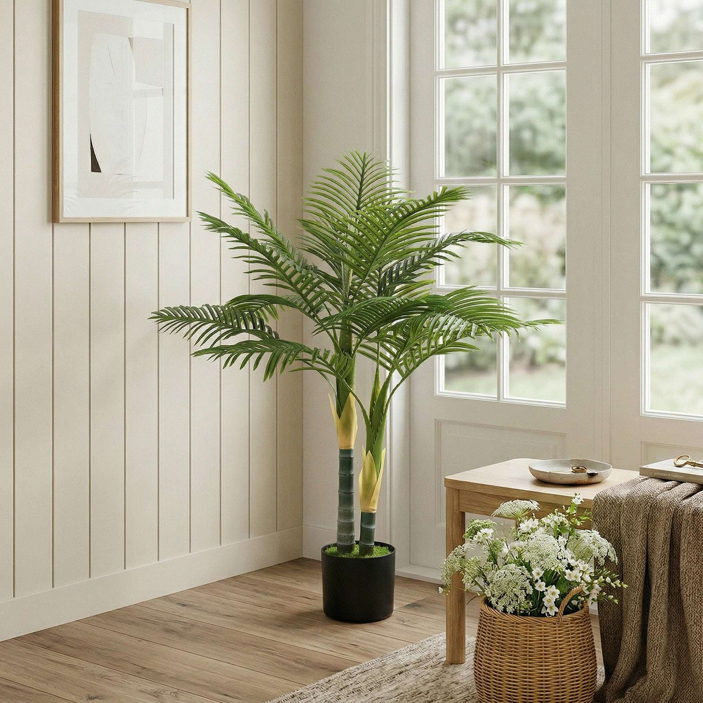 Artificial Palm Tree | 120cm | 14 PEVA Leaves | Shapeable Branches | Moss Effect Cement Pot | No Maintenance | Green