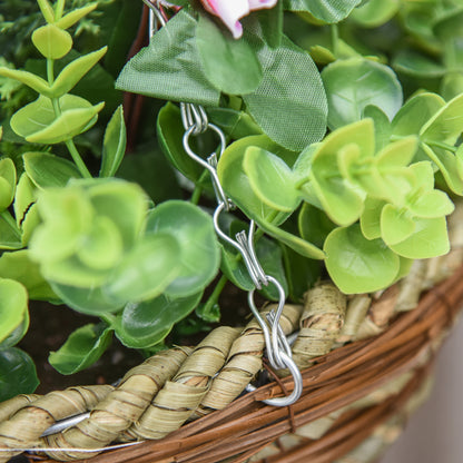 Set of 4 Artificial Hanging Lisianthus Flower Baskets | 18 Faux Flowers & 72 Leaves Per Pot | Wicker Basket | 30cm Metal Chain & Hook | Indoor & Outdoor | Ø25 x 34cm | Pink & Green