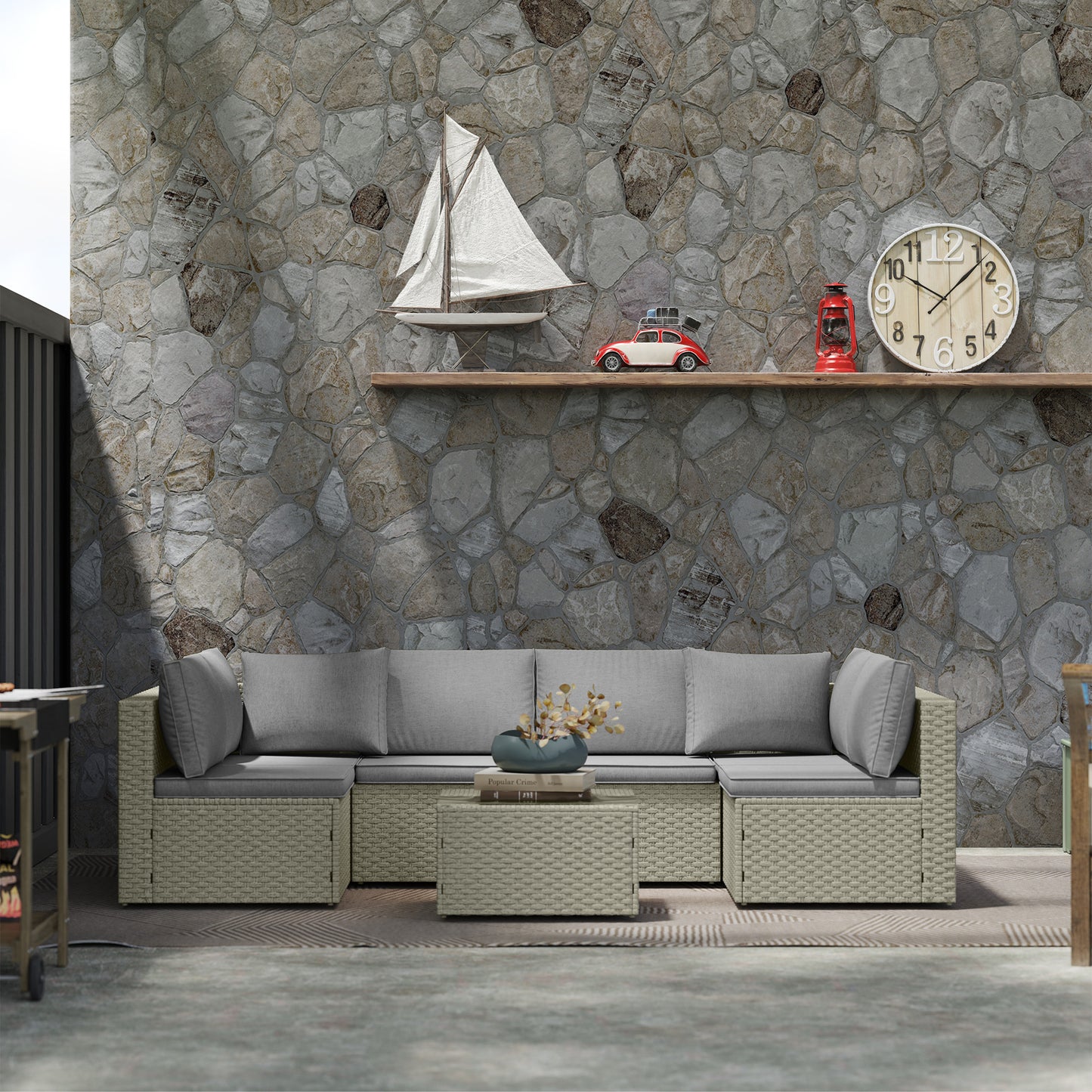 7 Pieces Rattan Garden Furniture Set, 6 Seater Garden Corner Sofa with Wide Seat, Glass Top Table, Sectional Outdoor Furniture Conservatory Set