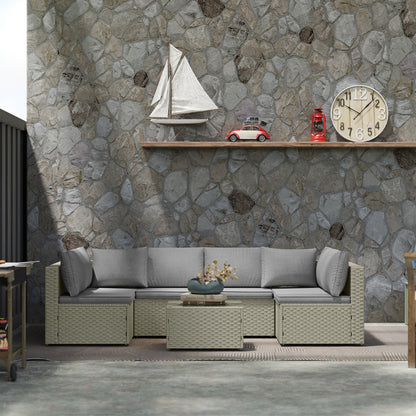 7 Pieces Rattan Garden Furniture Set, 6 Seater Garden Corner Sofa with Wide Seat, Glass Top Table, Sectional Outdoor Furniture Conservatory Set