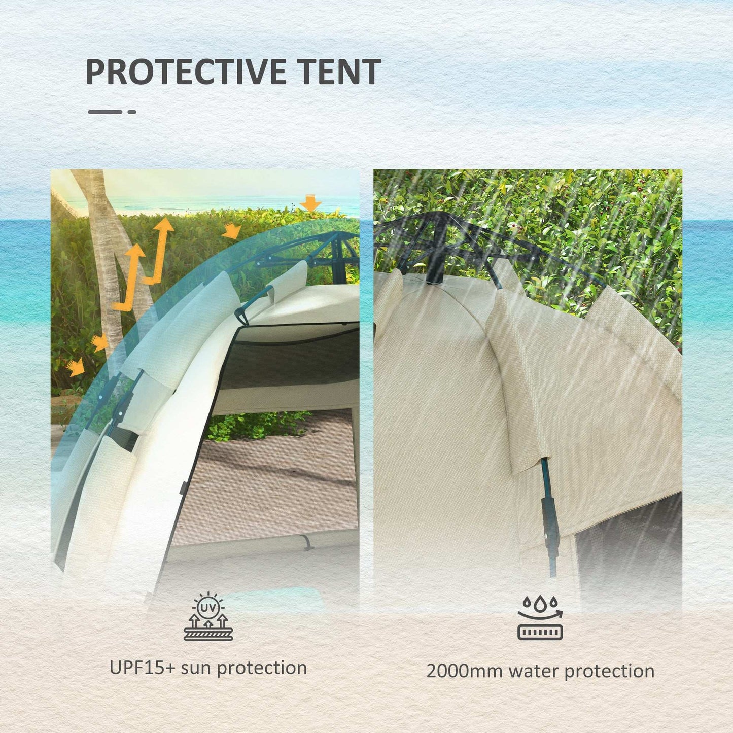 Outsunny 2-3 Person Pop Up Beach Tent, UPF15+ Sun Shelter with Extended Floor, Sandbags, Mesh Windows and Carry Bag, Khaki