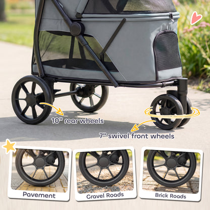 3-Wheel Dog Stroller | Dual Entry | One-Click Fold | Panoramic Mesh Windows | Washable Cushion | 600D Oxford | 20kg | Grey