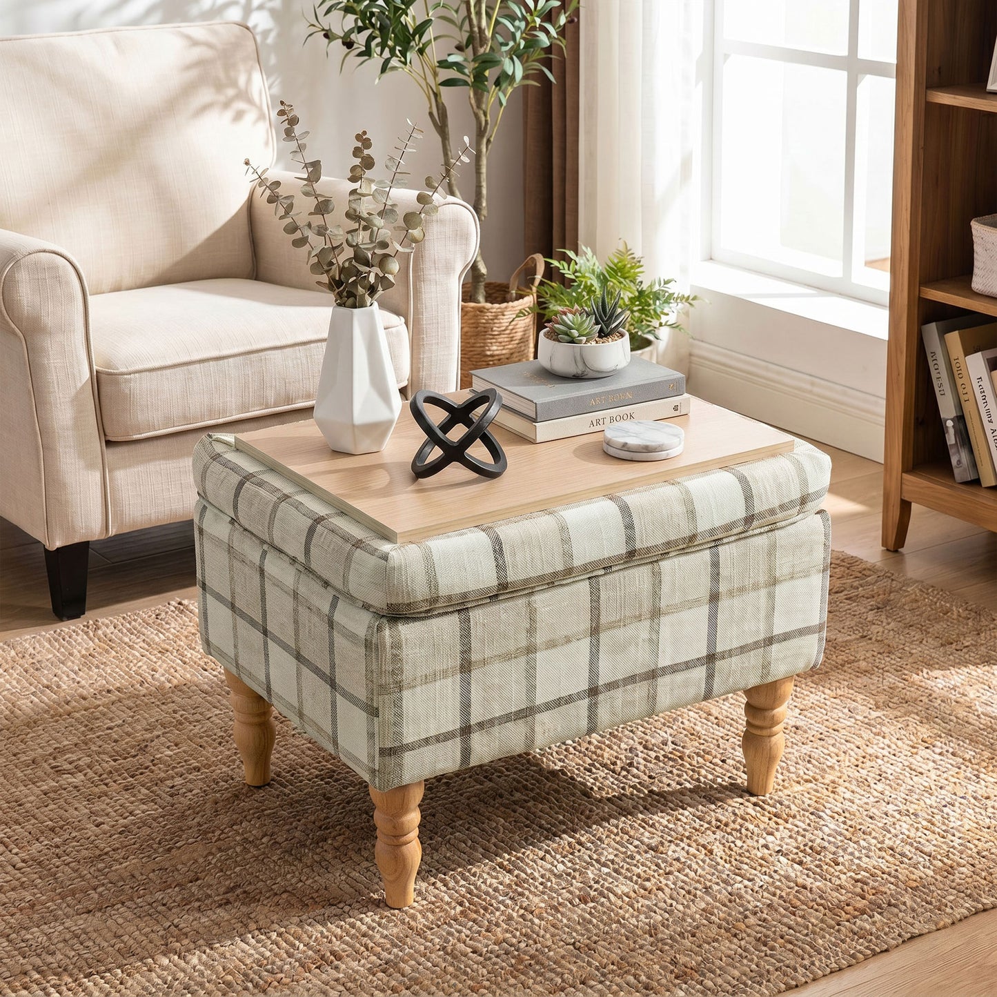 Storage Ottoman Footstool | Flip-Lid Tray Table | 24L Hidden Storage | Plaid Linen-Look Fabric | Rubberwood Legs | 120kg Capacity | 50 x 38 x 39cm | Brown