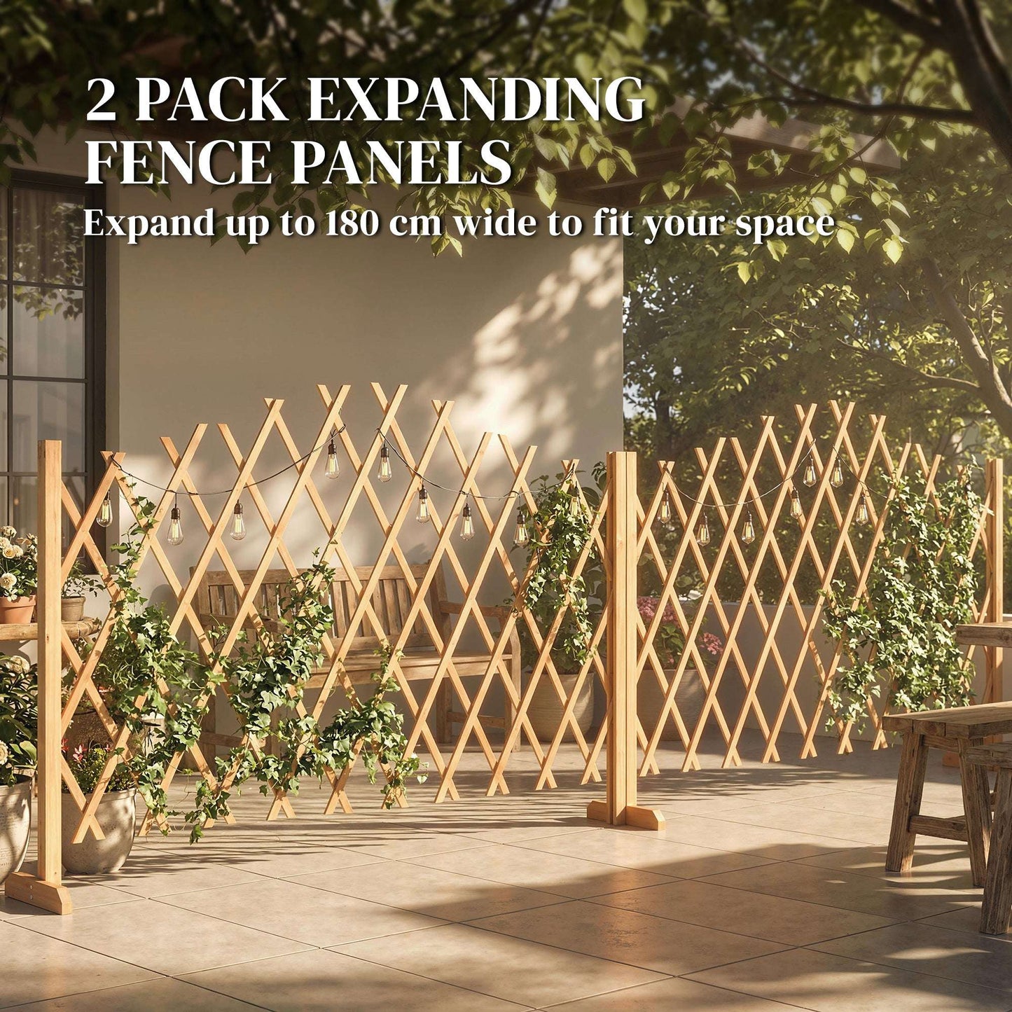 2 Pack Expanding Garden Fence Panels | 180cm Wide | Freestanding | Foldable | Varnished Fir Wood | Brown