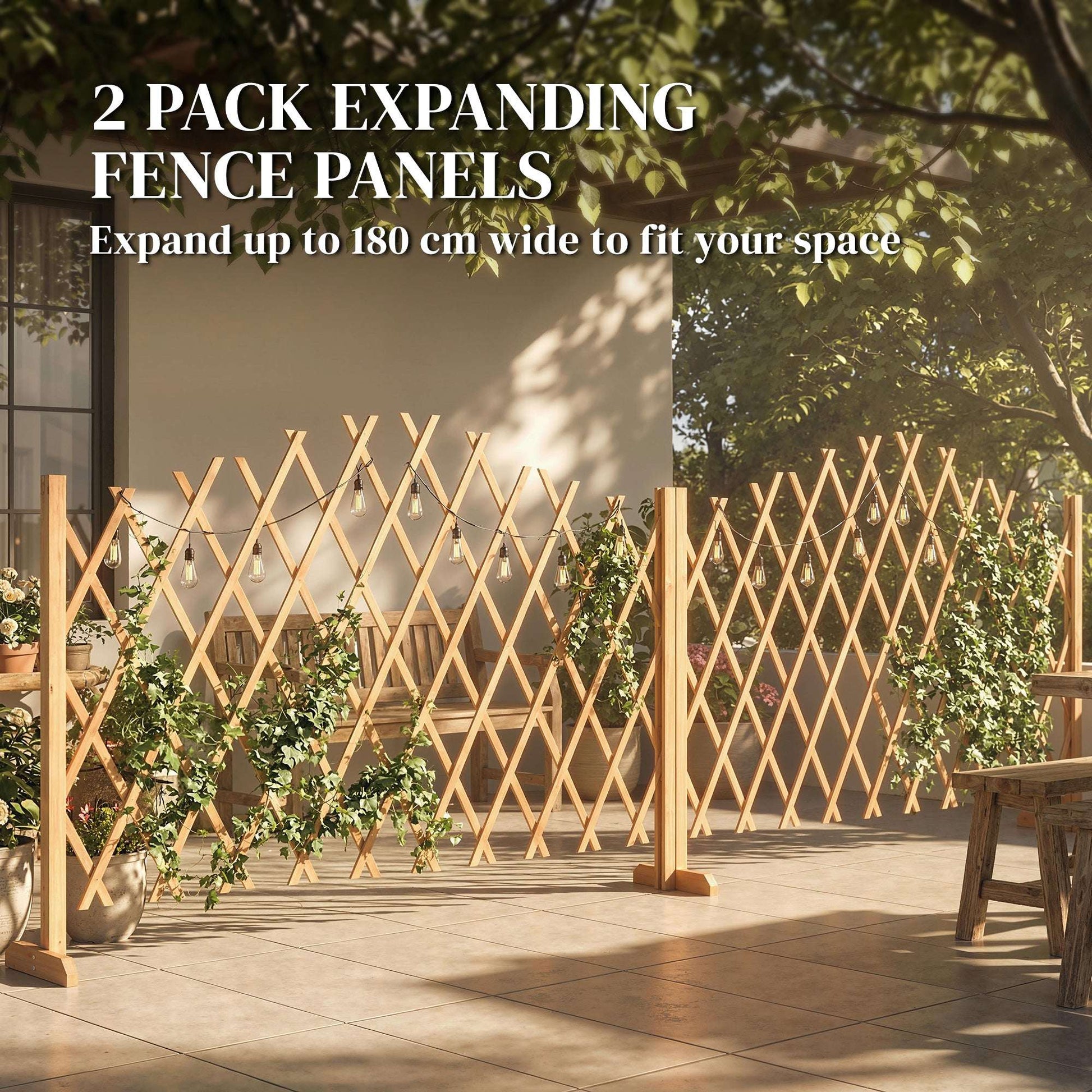 2 Pack Expanding Garden Fence Panels | 180cm Wide | Freestanding | Foldable | Varnished Fir Wood | Brown