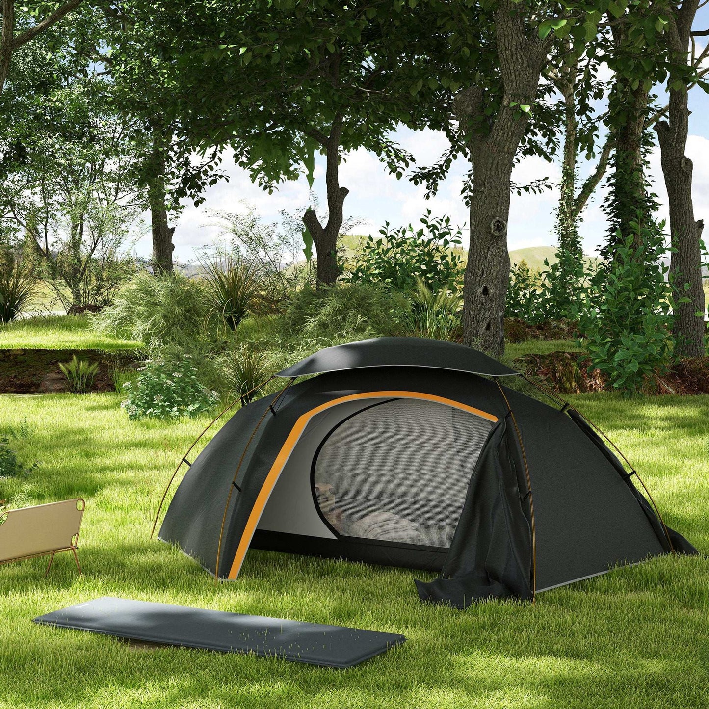 Outsunny Camping Dome Tent W/ Self Inflatable Mattress, 1 Person, Removable Rainfly, 2000mm Waterproof, Portable W/ Bags for Fishing Hiking