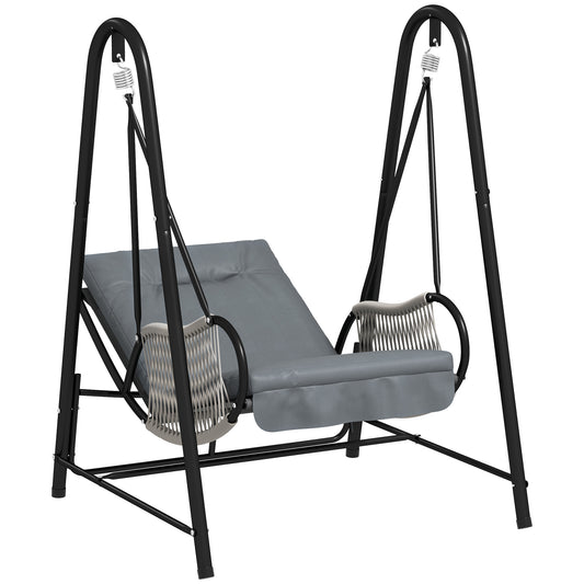 Outsunny Rattan Swing Chair, Outdoor Garden Hanging Swing Seat with Stand and Seat Cushion, Porch Hanging Chair for Balcony, Garden, Deck