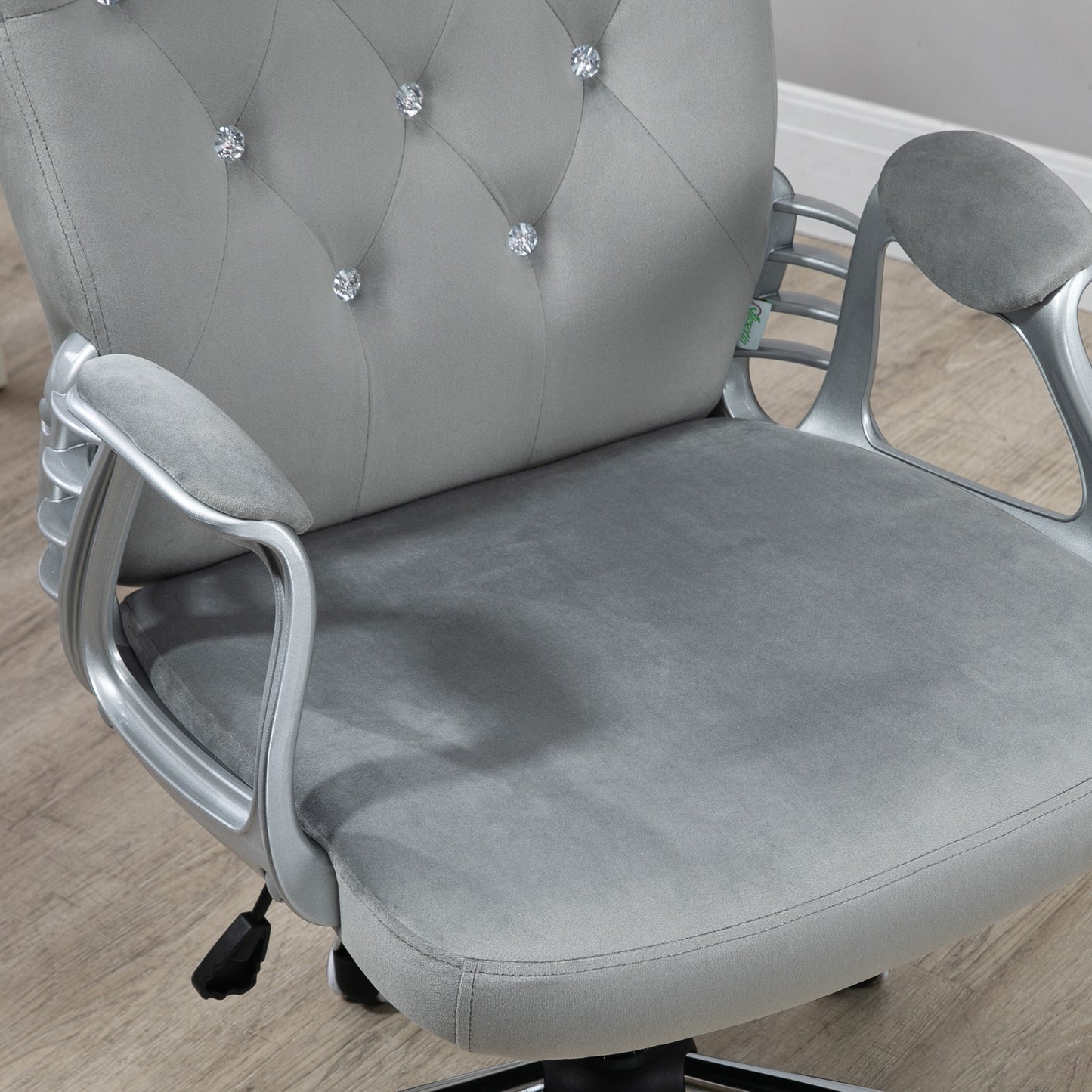 Glamour Velvet-Feel Office Chair | Diamante Back | Thick Padding | Adjustable Tilt | Armrests | 5 Wheels | Height Adjustable 47-57cm | 120kg | Grey