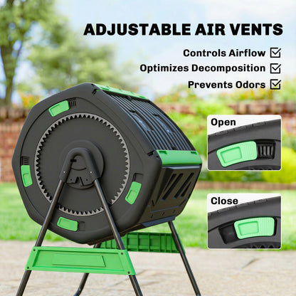 200L Dual Chamber Tumbling Compost Bin | 360° Rotation | 8 Adjustable Vents | BPA Free | Elevated Base | Green