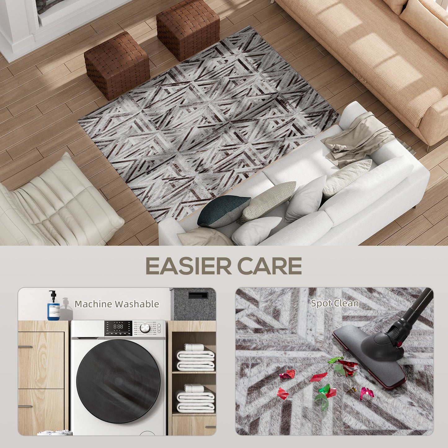 Modern Chenille Area Rug | Faux Leather Patchwork Print | Machine Washable | Non-Slip | Foldable | 170x120cm | Brown | Living Room Bedroom Dining Room Home Office