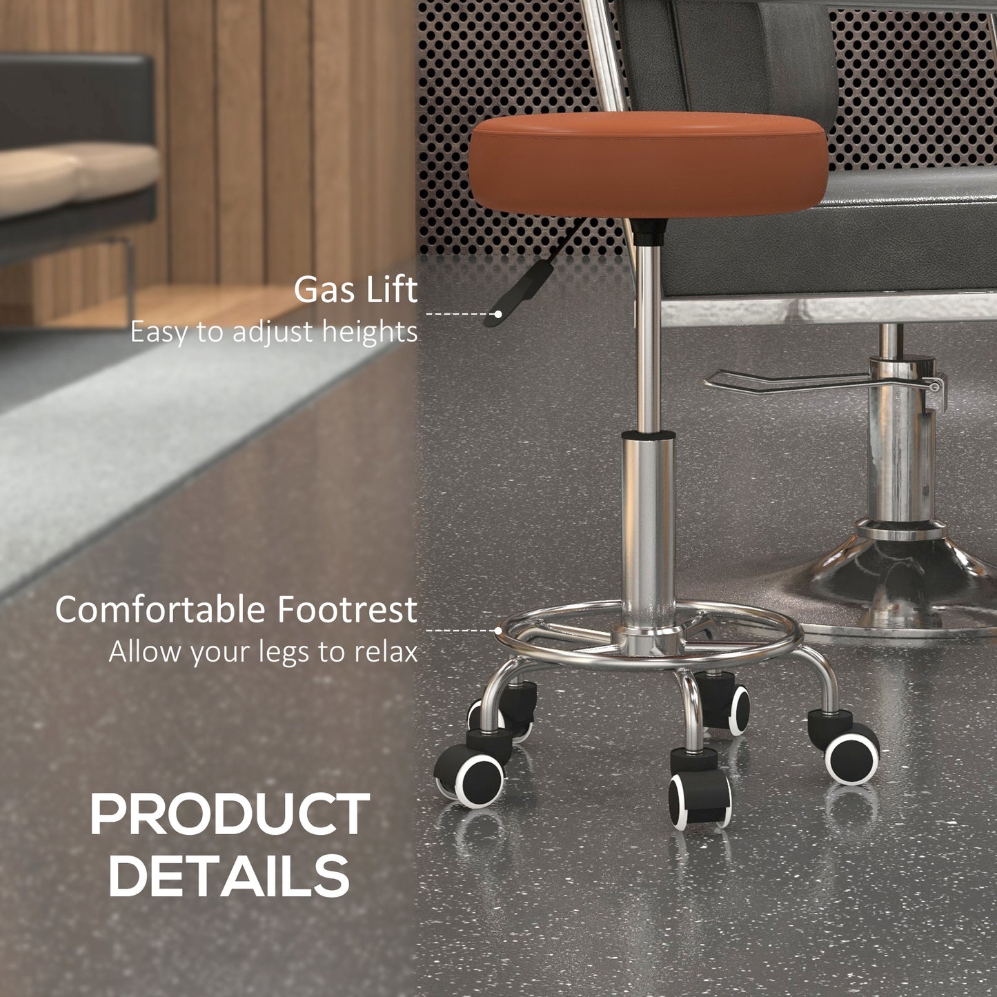 PU Leather Rolling Salon Stool | Height Adjustable 50-64cm | Dia 42cm | Thick Foam Seat | Footrest | 5 Wheels | Backless | 110kg | Brown