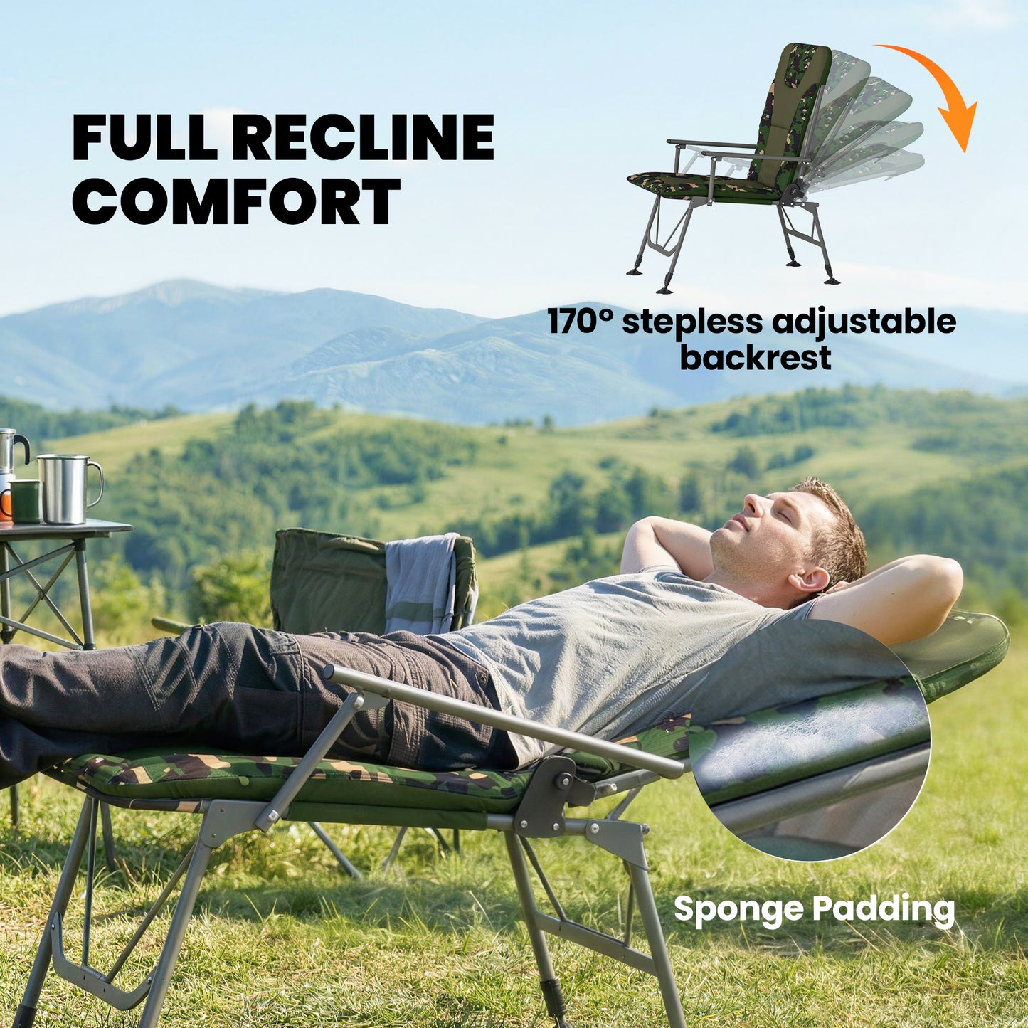 Padded Reclining Camping Chair | 175° Recline | 18D Foam | 600D Oxford | 200kg | Adjustable Height 45-58.5cm | 360° Pivoting Feet | Camouflage