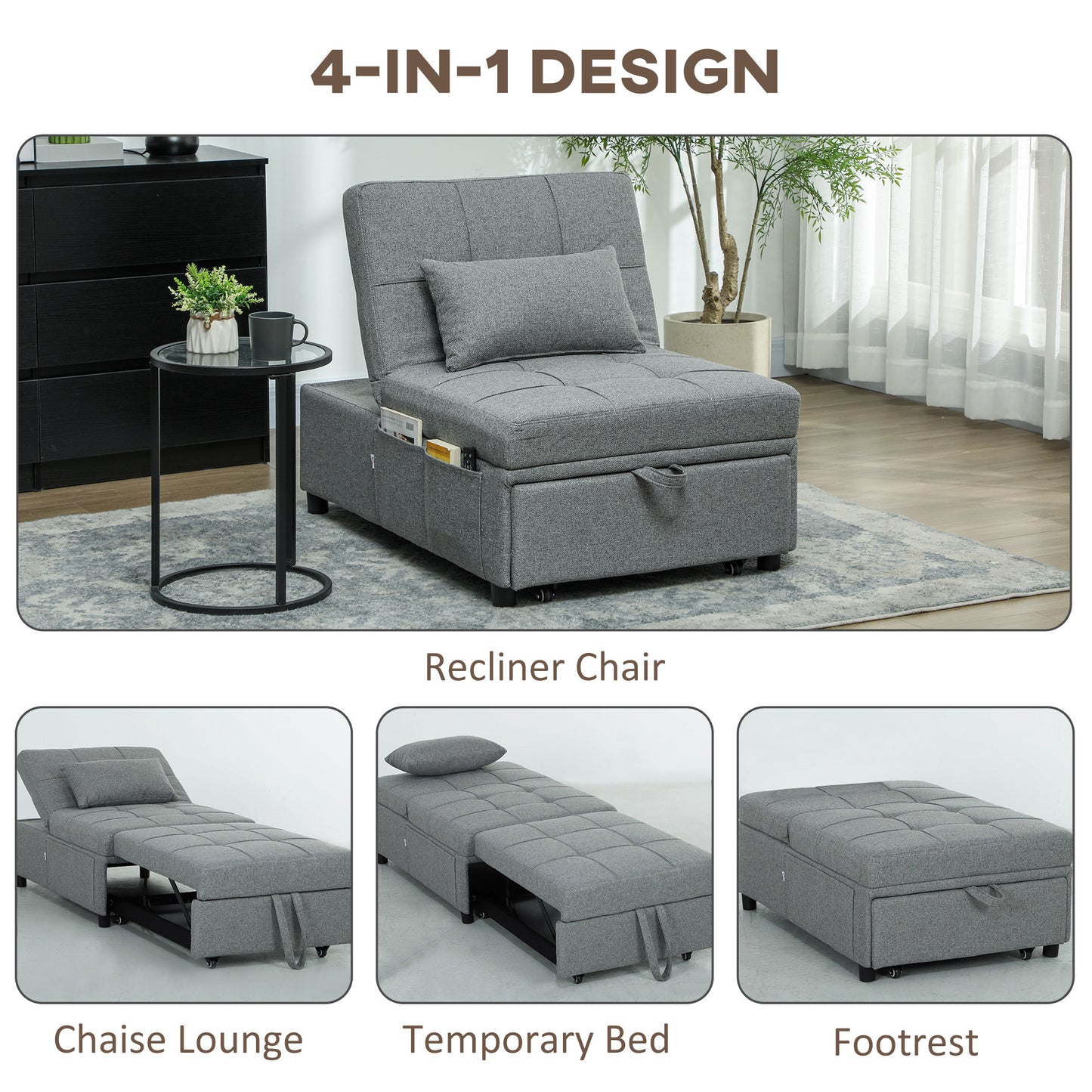 Four-In-One Single Sleeper Chair - Light Grey