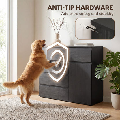 Modern Sideboard, Sideboard Storage Cabinet with 5 Drawers, Adjustable Shelf, Soft-Close Door, Black / White