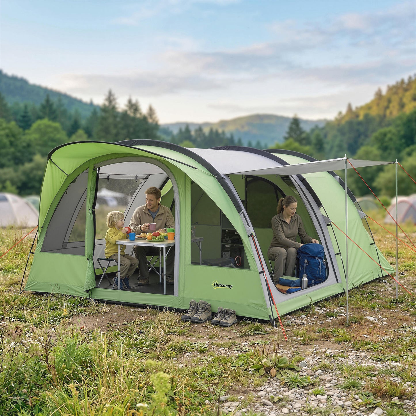 4-Person Family Camping Tent | 2 Rooms | Removable Divider | 3000mm Waterproof | Level 4 Wind Resistance | 7 Storage Pockets | Sets Up in 5-15 Mins | 565 x 370 x 200cm | Green & Grey
