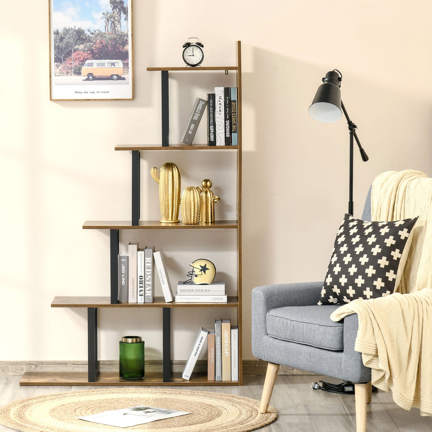 5-Tier Ladder Bookcase & Display Shelf | Anti-Tip | 80kg | Rustic Brown | 102x30x160cm