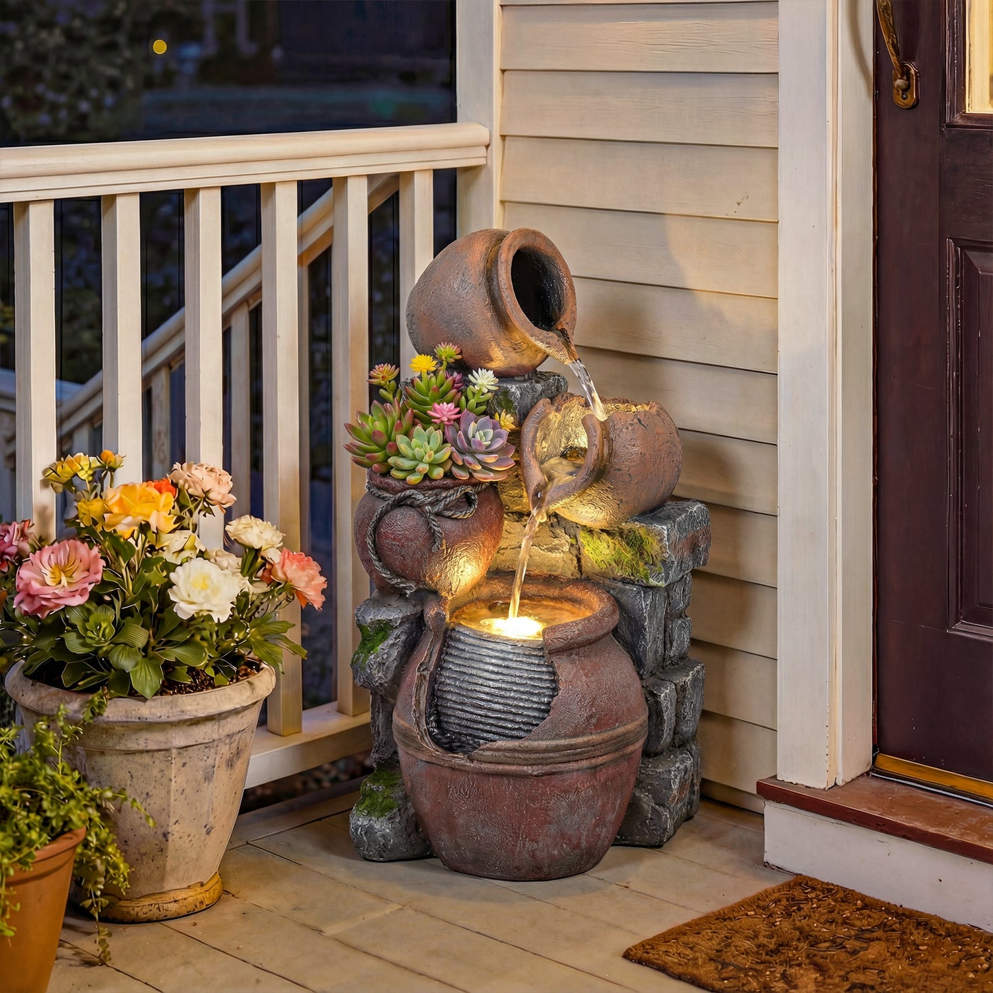 4-Tier Resin Waterfall Fountain with Built-In Planter | Warm White LED Lights | 3-Speed Adjustable Pump | 5W | 230V | 3m Cable | 31x30x59cm | Garden & Patio | Rustic Brown