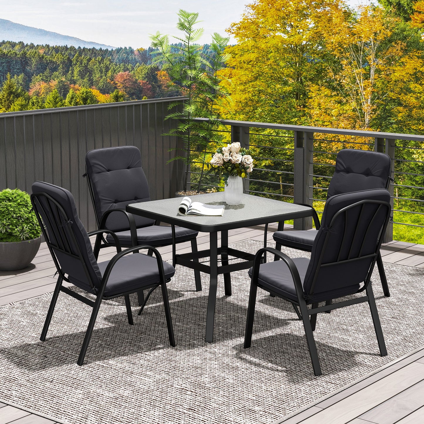 Outsunny 5 Piece Outdoor Square Garden Dining Set w/ Tempered Glass Dining Table 4 Cushioned Armchairs, Umbrella Hole, Black